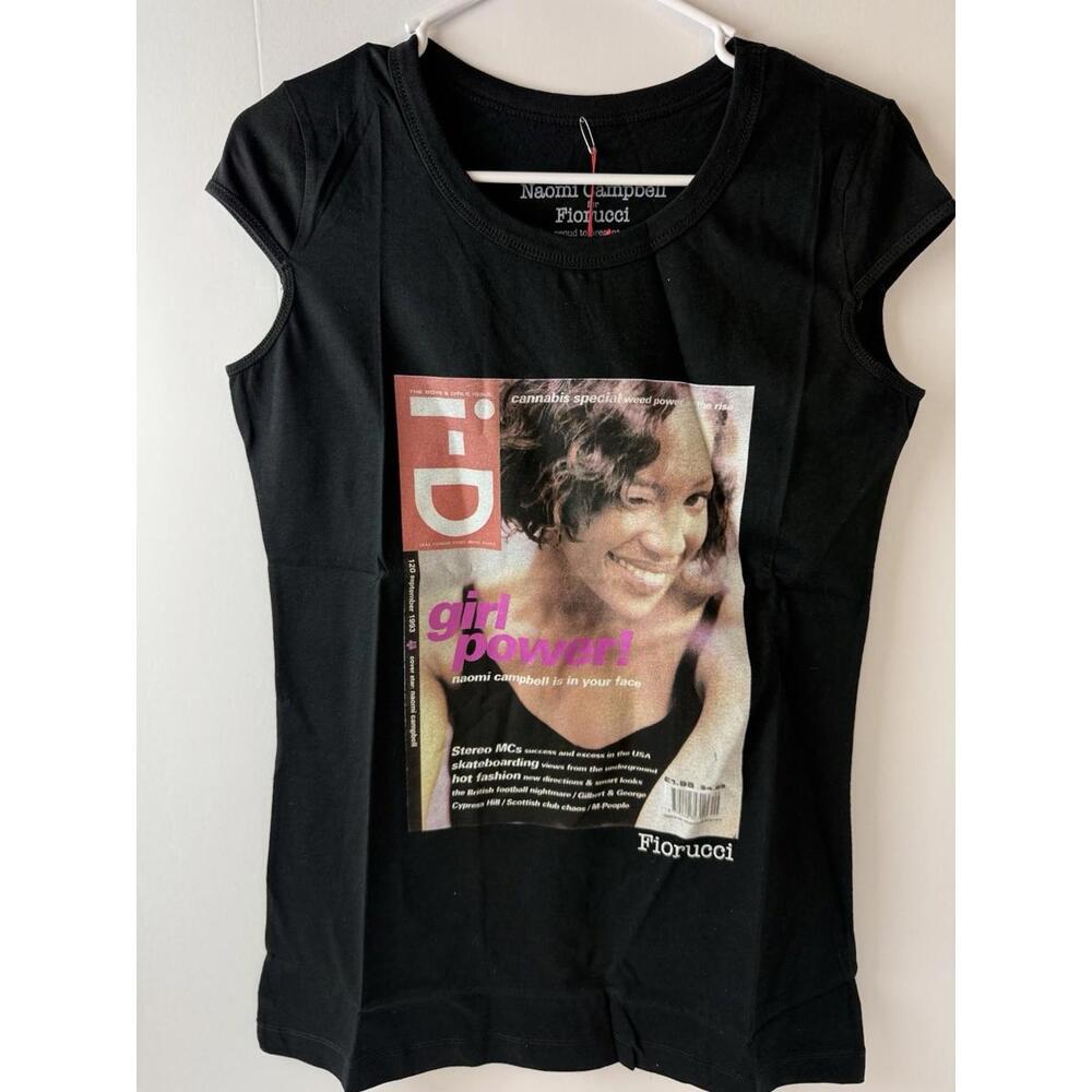 Fiorucci Top Womens Small Black Naomi Campbell Shirt ID Cover Print NWT